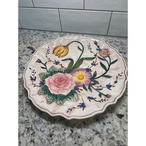 Vintage Artico Ceramic Decorative Plate 3D Embossed Pink Rose Yellow Tulip